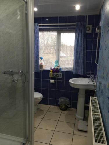 La salle de bains est pourvue d'un lavabo, de toilettes et d'une fenêtre. dans l'établissement 5B, Market Place flats, à Barnard Castle