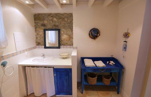 CharolsにあるGîtes Lou Patacletのバスルーム(シンク、青いカウンタートップ付)