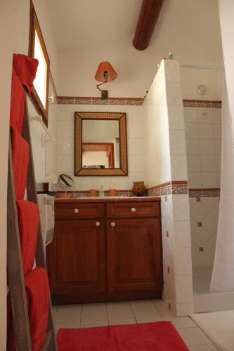 une salle de bain avec un lavabo et un miroir dans l'établissement ENTRE AVIGNON et PONT DU GARD, à Rochefort-du-Gard