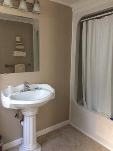 La salle de bains est pourvue d'un lavabo blanc et d'une douche. dans l'établissement The Chatham Motel, à Chatham