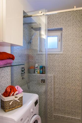 a bathroom with a shower and a washing machine at Bike-Friendly Apartment in Timişoara