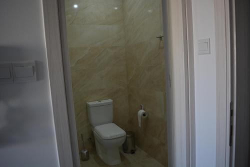 a bathroom with a toilet and a walk in shower at P.L Hermes Studios & Apartments in Larnaka