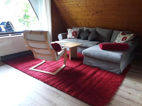 a living room with a chair and a couch at Eitzmanns Ferienhauser in Düshorn