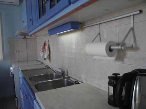 a kitchen with a sink and a roll of paper towels at Ellenas- studios in Nikiana