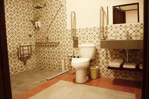 W łazience znajduje się toaleta, umywalka i lustro. w obiekcie Hotel La Recolección w mieście León