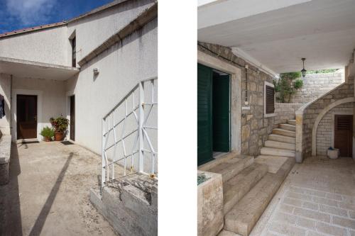 two images of a building with a door and a staircase at Guest House Hazdovac in Kozarica