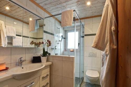 bagno con lavandino, servizi igienici e specchio di Chalet Drusa a Klosters Serneus