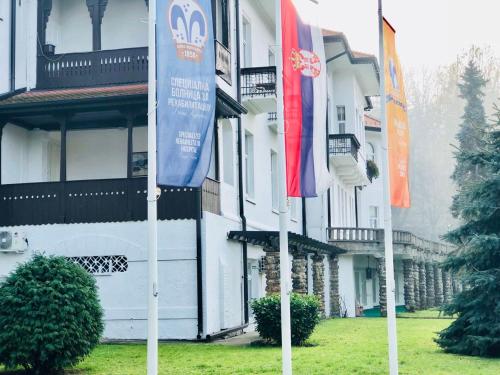 a group of flags in front of a building at Apartment Dana in Banja Koviljača