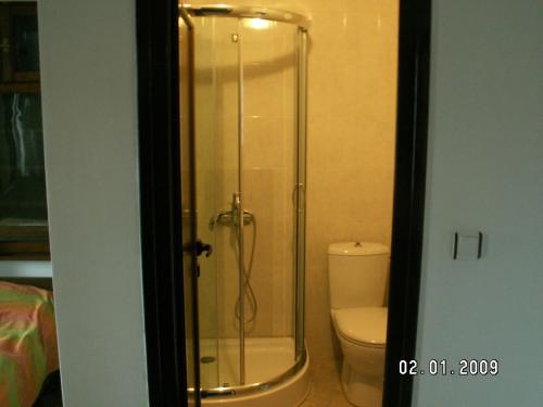 uma cabina de duche em vidro numa casa de banho com WC em Guest house "The House" em Zlatograd