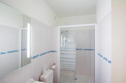 a white bathroom with a shower and a toilet at Hôtel de l'Europe Grenoble hyper-centre in Grenoble
