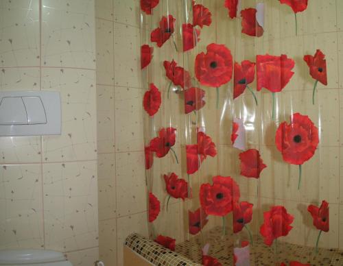 a bathroom with red poppies on the shower curtain at Chagari Hotel in Berehove