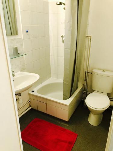 une salle de bain avec toilettes, baignoire et lavabo dans l'établissement Spacieux studio au centre, à Strasbourg
