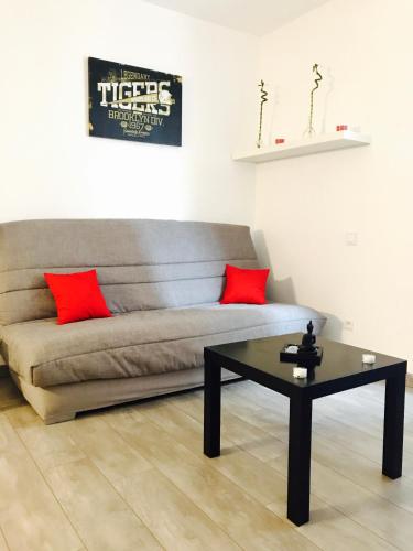 ein Wohnzimmer mit einem Sofa mit roten Kissen und einem Tisch in der Unterkunft Spacieux studio au centre in Straßburg
