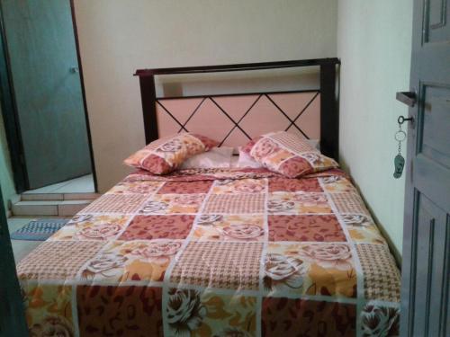 1 dormitorio con 1 cama con edredón y almohadas en Hospedaria Oliveira, en São Thomé das Letras