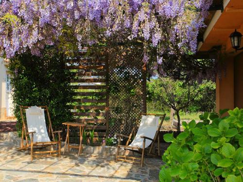 duas cadeiras e uma mesa debaixo de uma pérgola com flores roxas em Holiday Home Marina by Interhome em Vidreres