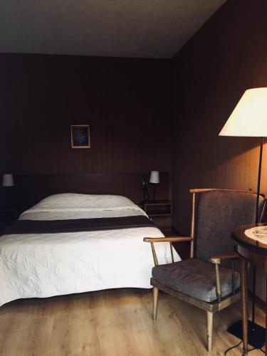 une chambre avec un lit, une chaise et une table dans l'établissement Auberge Du Roselet, à Duingt