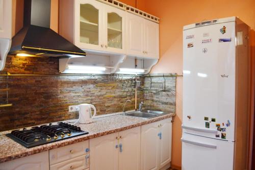 キーウにあるKiev Accommodation on Malopidval'na st.のキッチン(白い冷蔵庫、シンク付)
