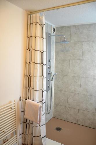 a shower with a glass door in a bathroom at The Originals City, Hôtel Amys, Tarbes Sud in Odos