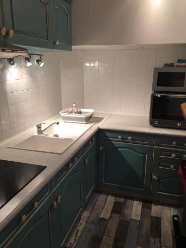 La cuisine est équipée de placards verts, d'un évier et d'un four micro-ondes. dans l'établissement Queen Marina Face Mer, à Boulogne-sur-Mer