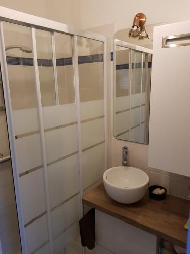 a bathroom with a white sink and a mirror at T2 terrasse de charme à Rochebonne 400 m plage in Saint Malo