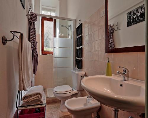 een badkamer met een wastafel, een toilet en een spiegel bij Carrer Dels Horts in Alghero