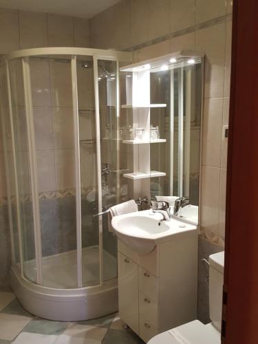 uma casa de banho com um chuveiro e um lavatório. em Apartments Silvana em Trogir