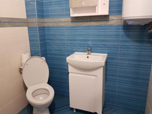 a bathroom with a toilet and a sink at Apartments Alexandra in Pleven