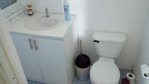 een badkamer met een wit toilet en een wastafel bij Casa Carolina in San Lucas Sacatepéquez