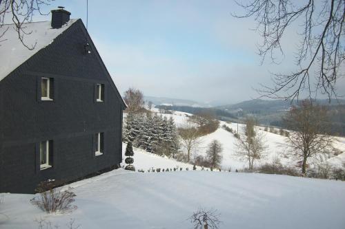 a house on a snowy hill with a snow covered yard at FILD - Holiday Apartment in Saint-Vith