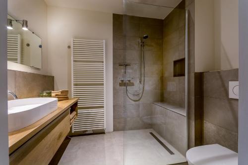 a bathroom with a shower and a sink and a toilet at Zoet Valkenburg in Valkenburg