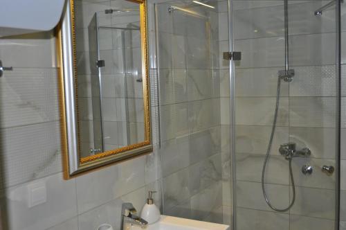 a bathroom with a shower and a sink and a mirror at Apartments Soleado in Pančevo