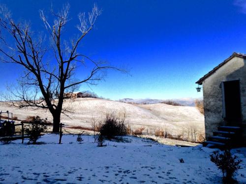 a snow covered field with a tree and a building at Everland in Varsi
