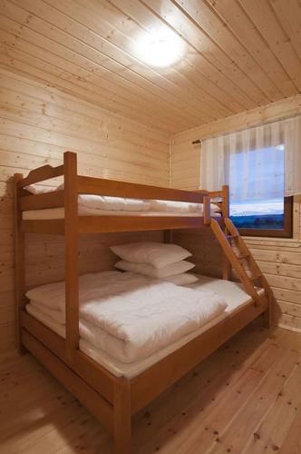 a bunk bed in a wooden cabin with a window at Delfinek in Darłowo