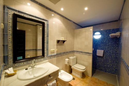 a bathroom with a sink and a toilet and a mirror at Balneario Cervantes in Santa Cruz de Mudela