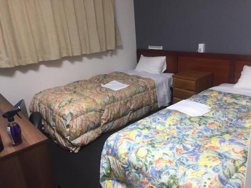 a hotel room with two beds and a window at Hotel Todai in Mihara