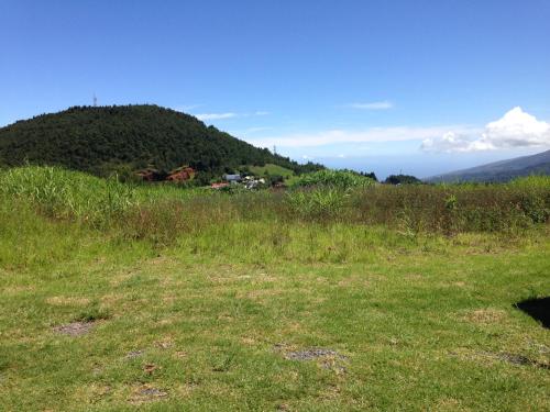 a field of grass with a hill in the background at ti Kaz Papang in La Plaine des Cafres