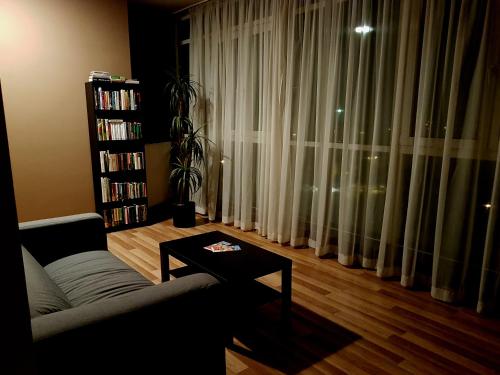 a living room with a couch and a book shelf at Hotel Modena in Bratislava