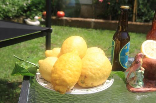 a plate of lemons on a table with a bottle of beer at casa vacanza sole in Tramonti