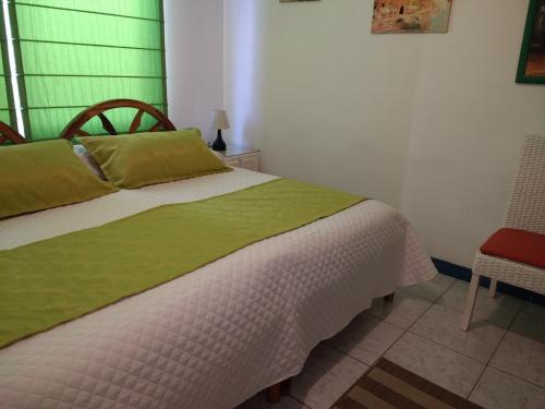 a bedroom with a green and white bed and a chair at Drake Inn in Puerto Villamil