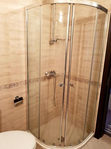 a shower stall with a toilet in a bathroom at Family Aparthotel Vintegra in Burgas