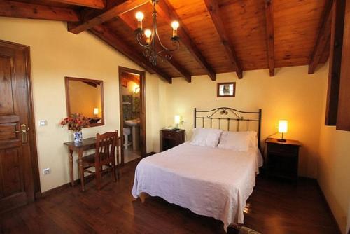 um quarto com uma cama e uma mesa com uma cadeira em Hotel Rural Ovio em Nueva de Llanes