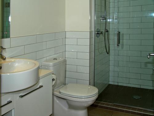 a bathroom with a toilet and a sink and a shower at Hananui Lodge and Apartments in Russell