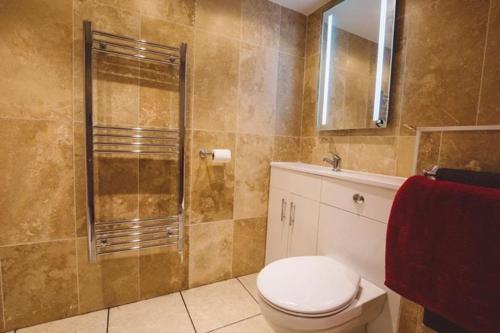 uma casa de banho com um WC e uma cabina de duche em vidro. em Brooklyn lodge em Margate