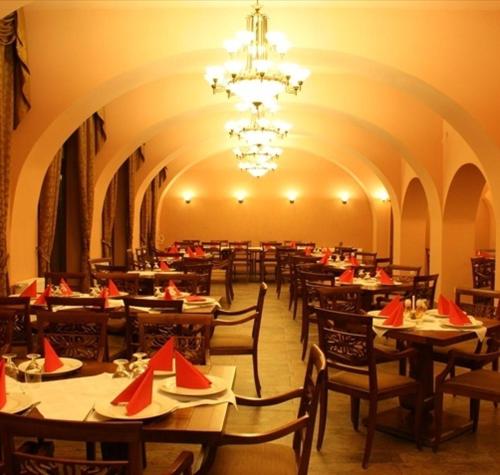 a dining room with tables and chairs and a chandelier at Hanul Bran in Bran