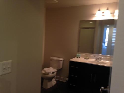 a bathroom with a toilet and a sink and a mirror at National at Pentagon City in Arlington