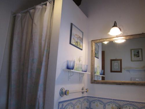 a bathroom with a shower curtain and a mirror at Casale Eredità in Orte