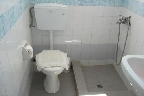 Manousos' Rooms في غاليساس: حمام به مرحاض أبيض وحوض استحمام