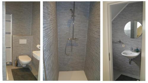 two pictures of a bathroom with a shower and a sink at B&B Handelshof in Lier