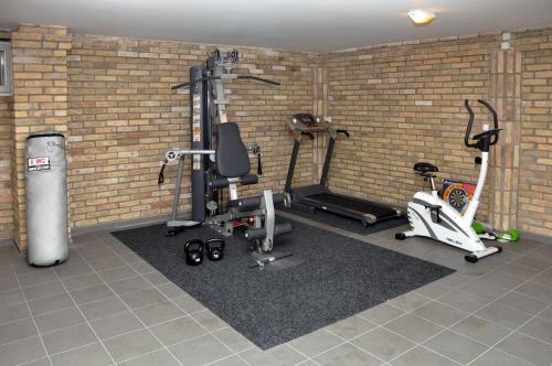 a gym with several exercise equipment in a brick wall at Apartments Soleado in Pančevo