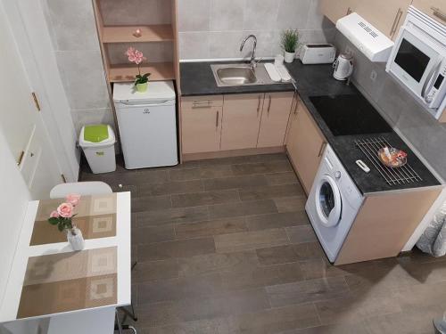 a small kitchen with a stove and a sink at Bonito Apto Barrio del Pilar Smart Fit in Madrid